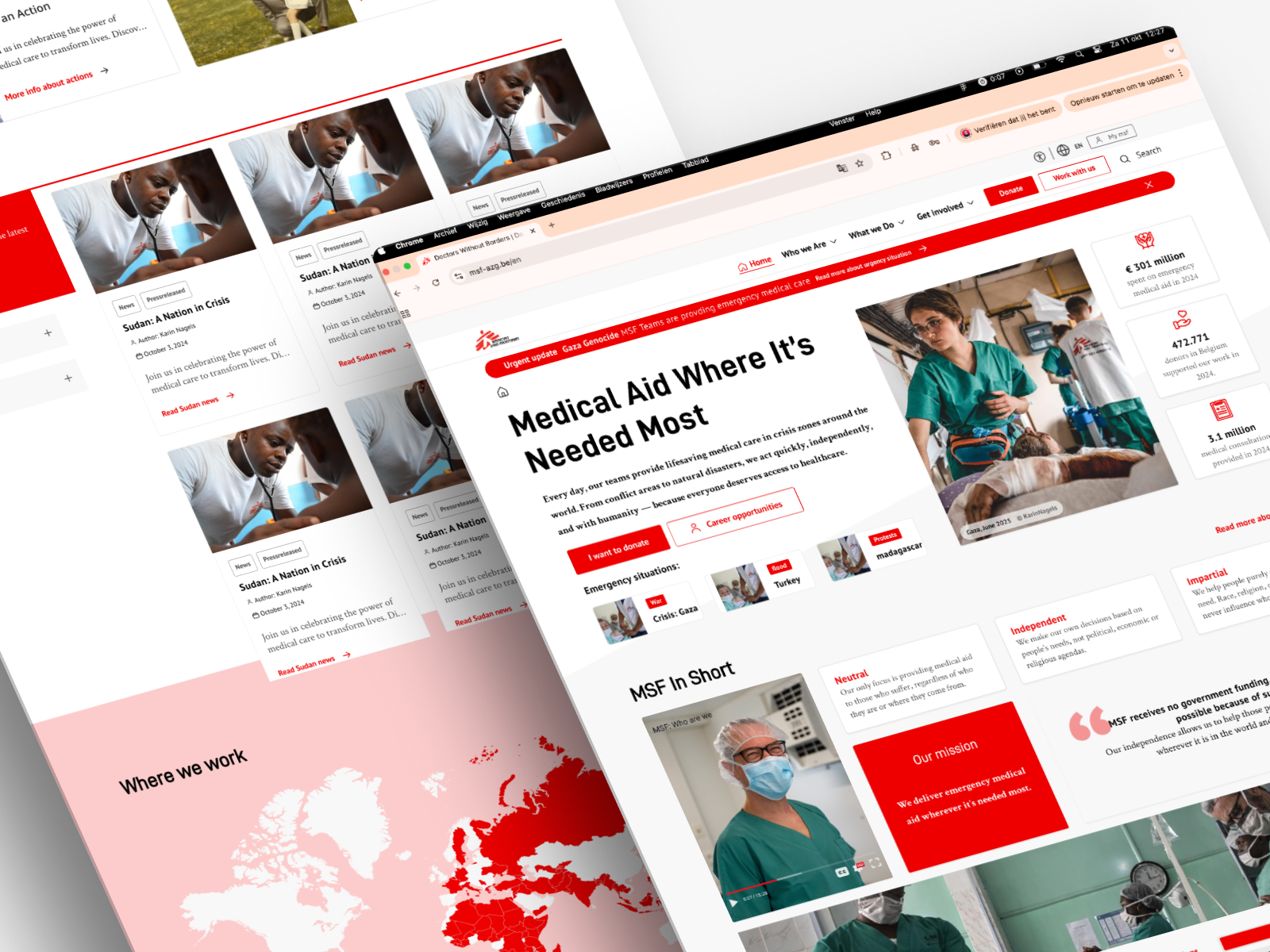 MSF website interface showing content structure and layout improvements