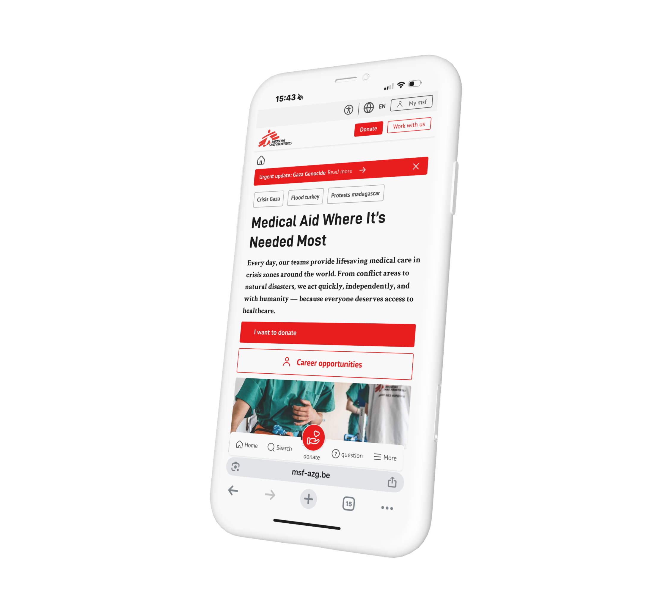 Detailed view of accessible navigation and content grouping on the MSF website