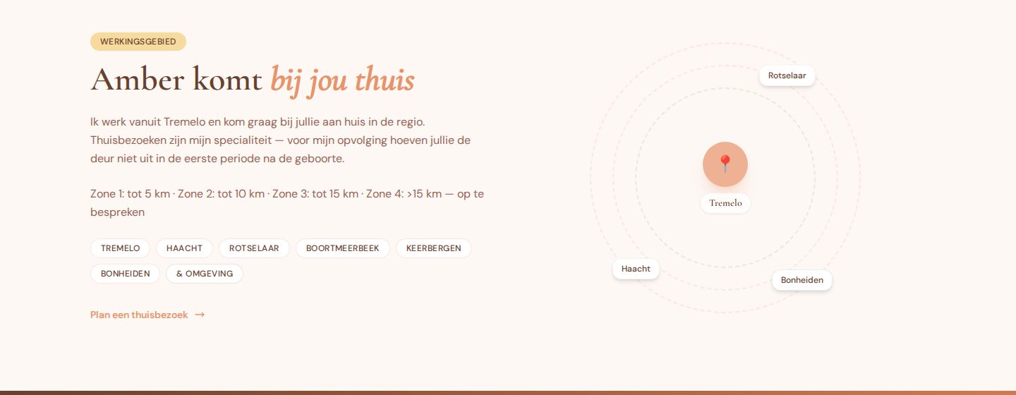 The section Amber komt bij jou thuis: the towns Amber visits, travel zones, and a simple map with Tremelo in the centre and the towns around it.