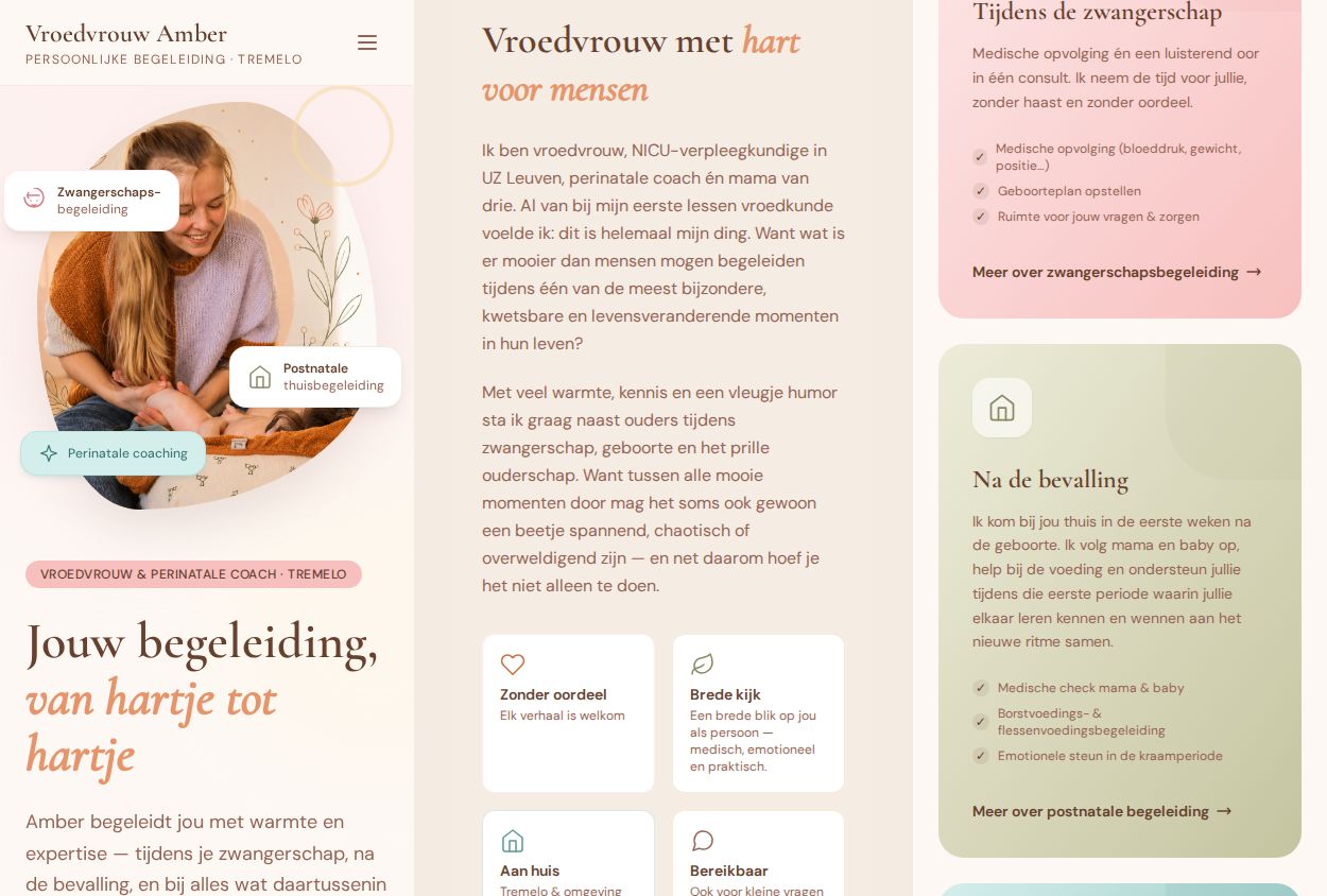 Three phone screens: the homepage with Amber’s photo and the headline, the About section with the four values, and the pink service card for pregnancy.