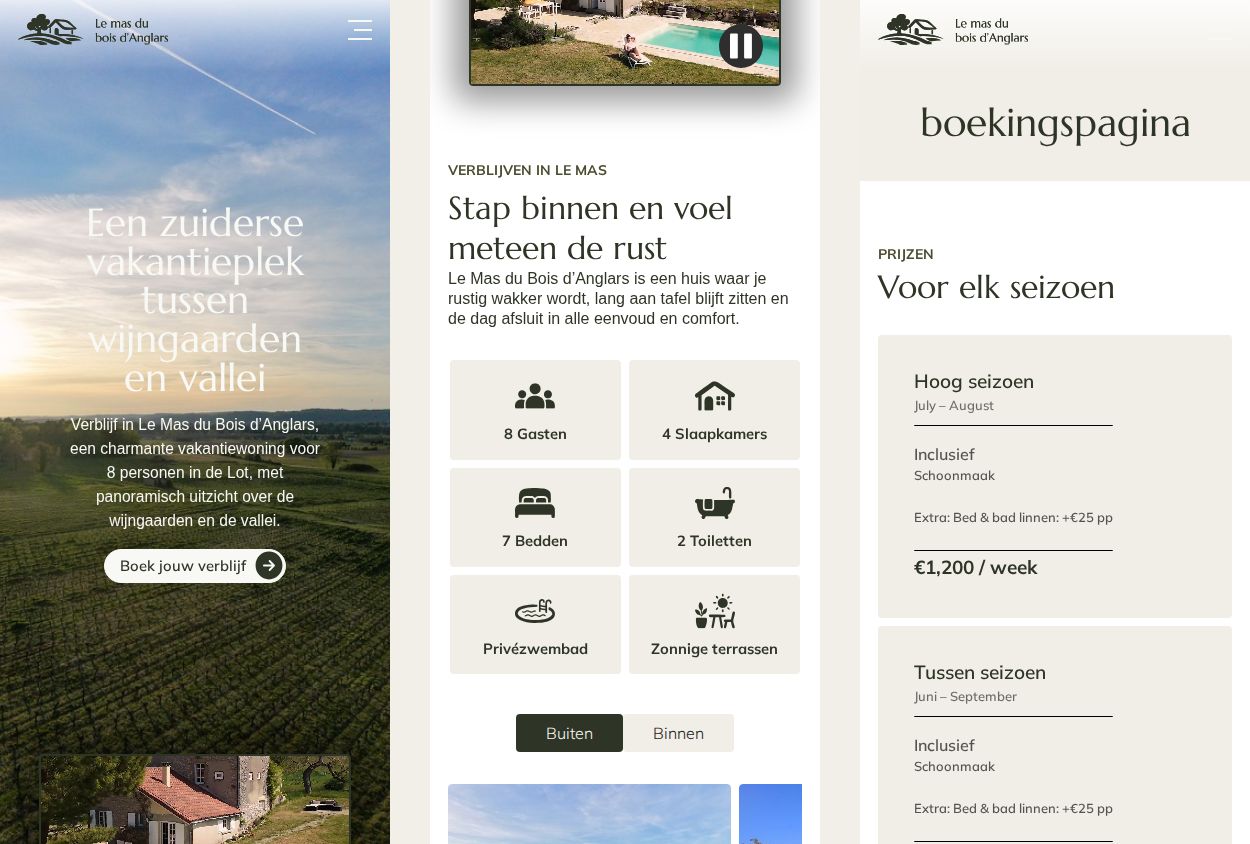 Three phone screens: the homepage with the drone shot and headline, the key facts as large icon tiles, and the booking page with the high-season price card.