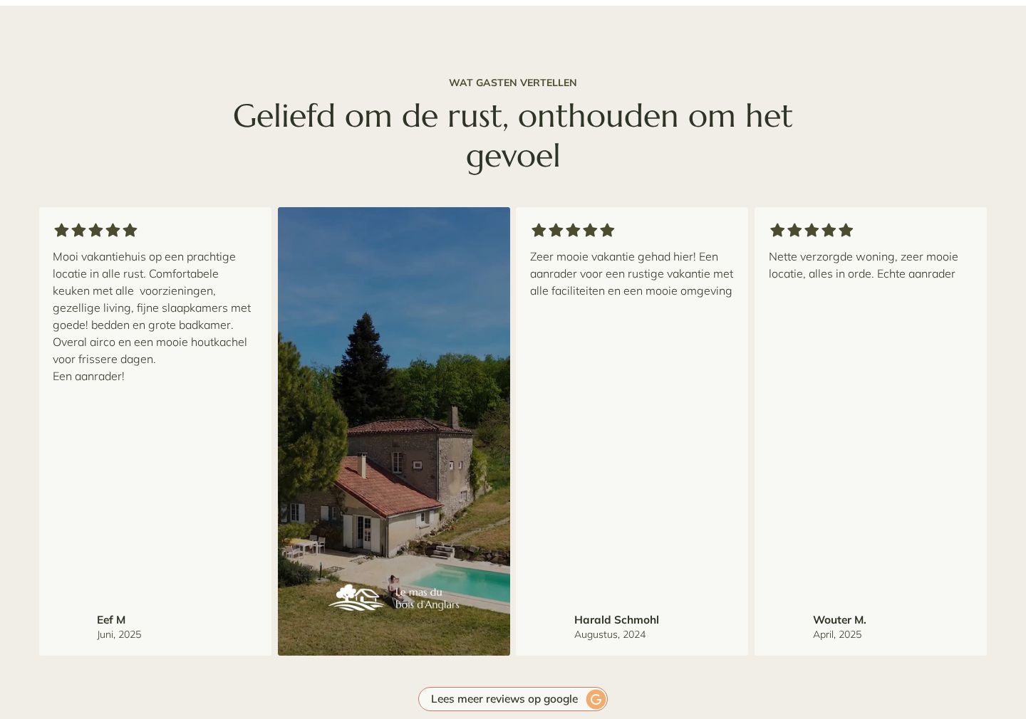 The reviews section Geliefd om de rust, onthouden om het gevoel: three five-star guest reviews and a vertical video of the house, with a button to read more reviews on Google.