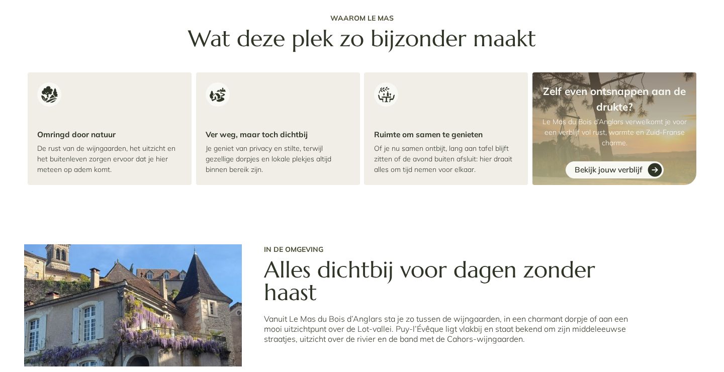 Two sections: Wat deze plek zo bijzonder maakt, with three short reasons and a call to book, and In de omgeving, with a photo of a nearby village and a short text about Puy-l’Évêque and the Cahors vineyards.