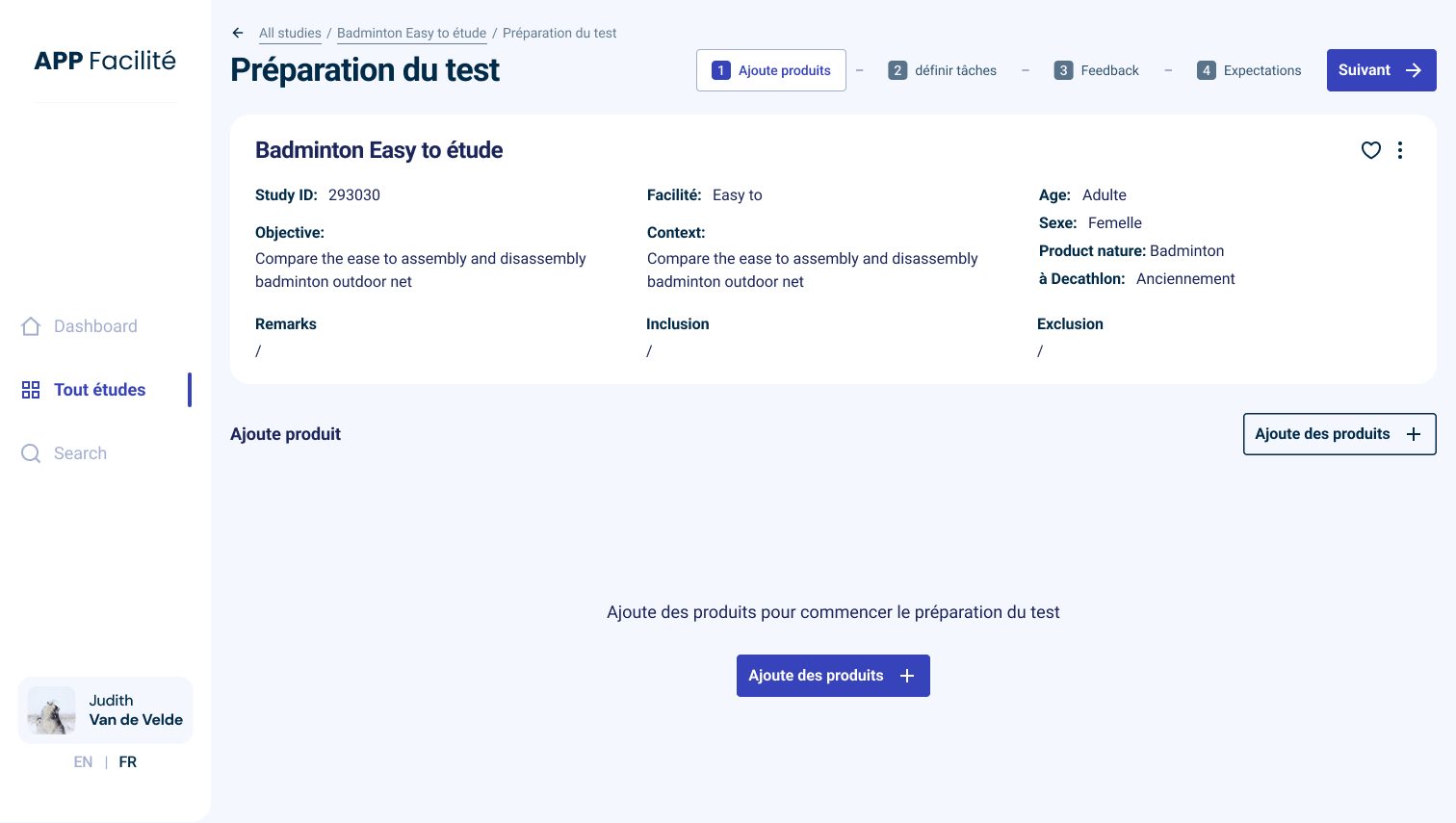 The test preparation screen: a stepper at the top with four steps, add products, define tasks, feedback and expectations, a summary card of the study, and an empty state with a button to add products.