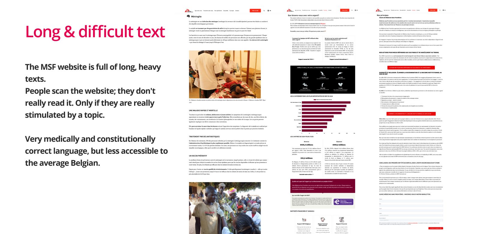 Three long MSF pages side by side, full of dense text, next to the note: people scan the website, they don’t really read it; very medically correct language, but less accessible to the average Belgian.