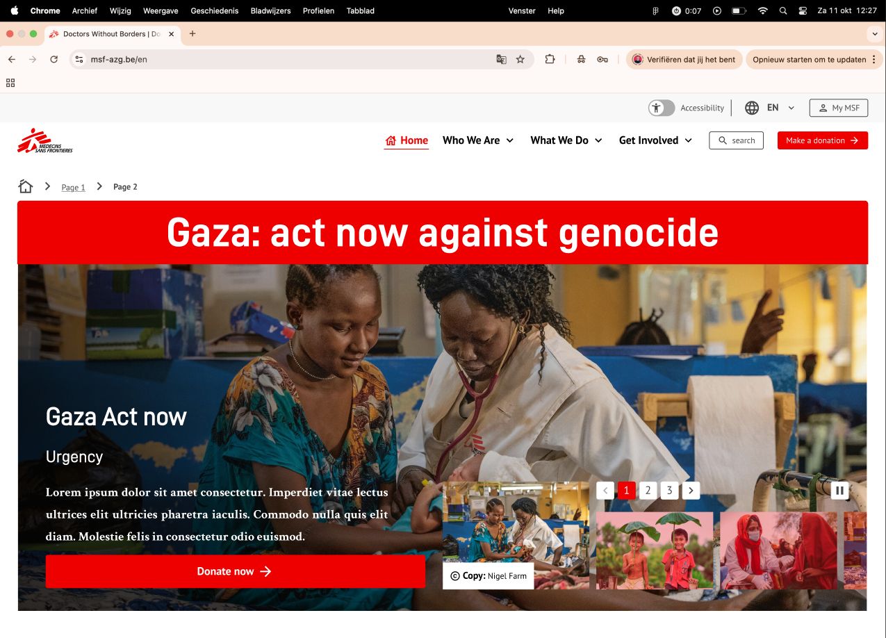 Campaign page template with breadcrumbs, a large red title banner, a photo with a short text and a Donate now button, and a carousel with numbered pages and a pause button.