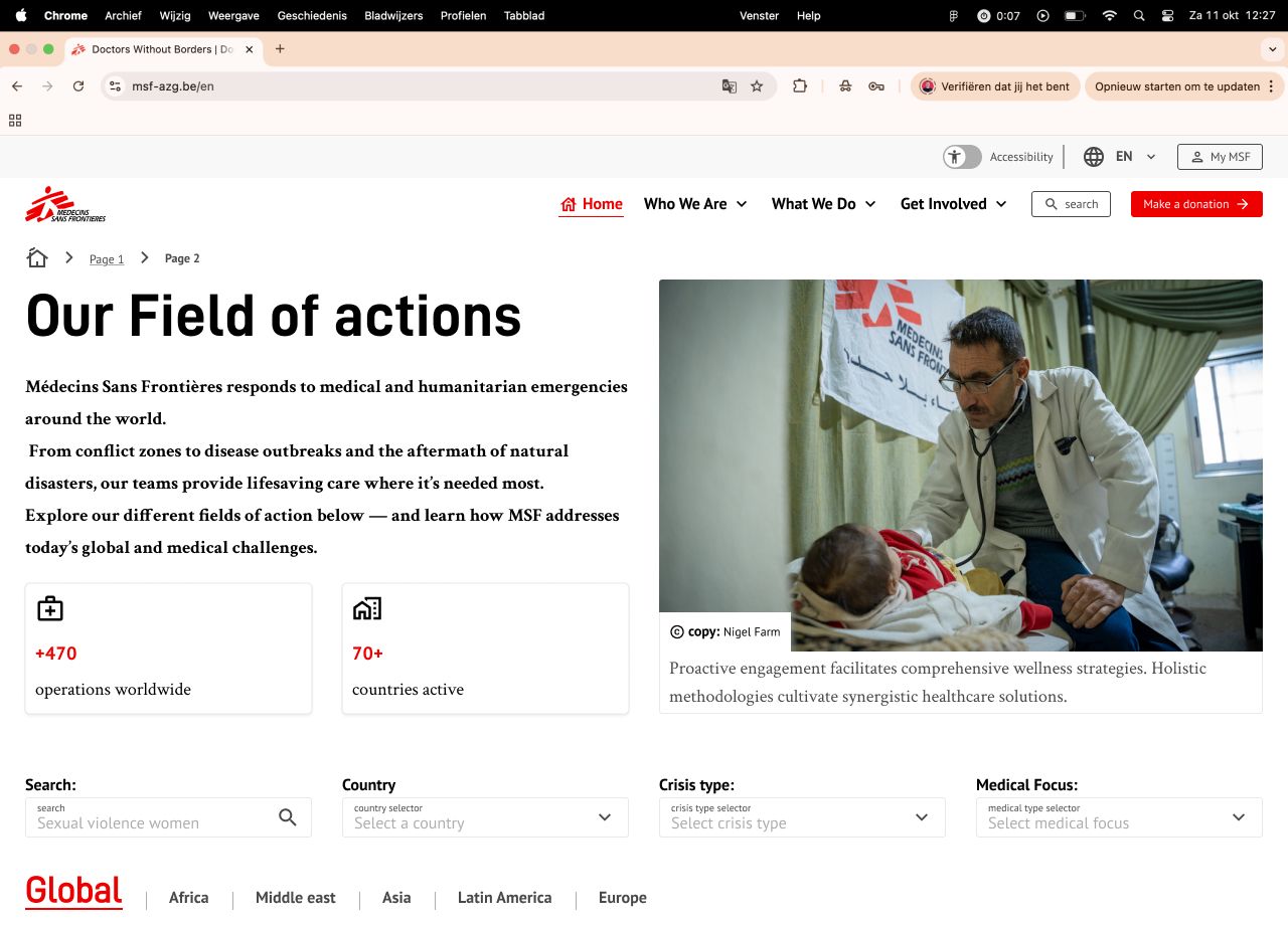 Overview page template Our field of actions, with filters for search, country, crisis type and medical focus, and tabs per region above a grid of cards.