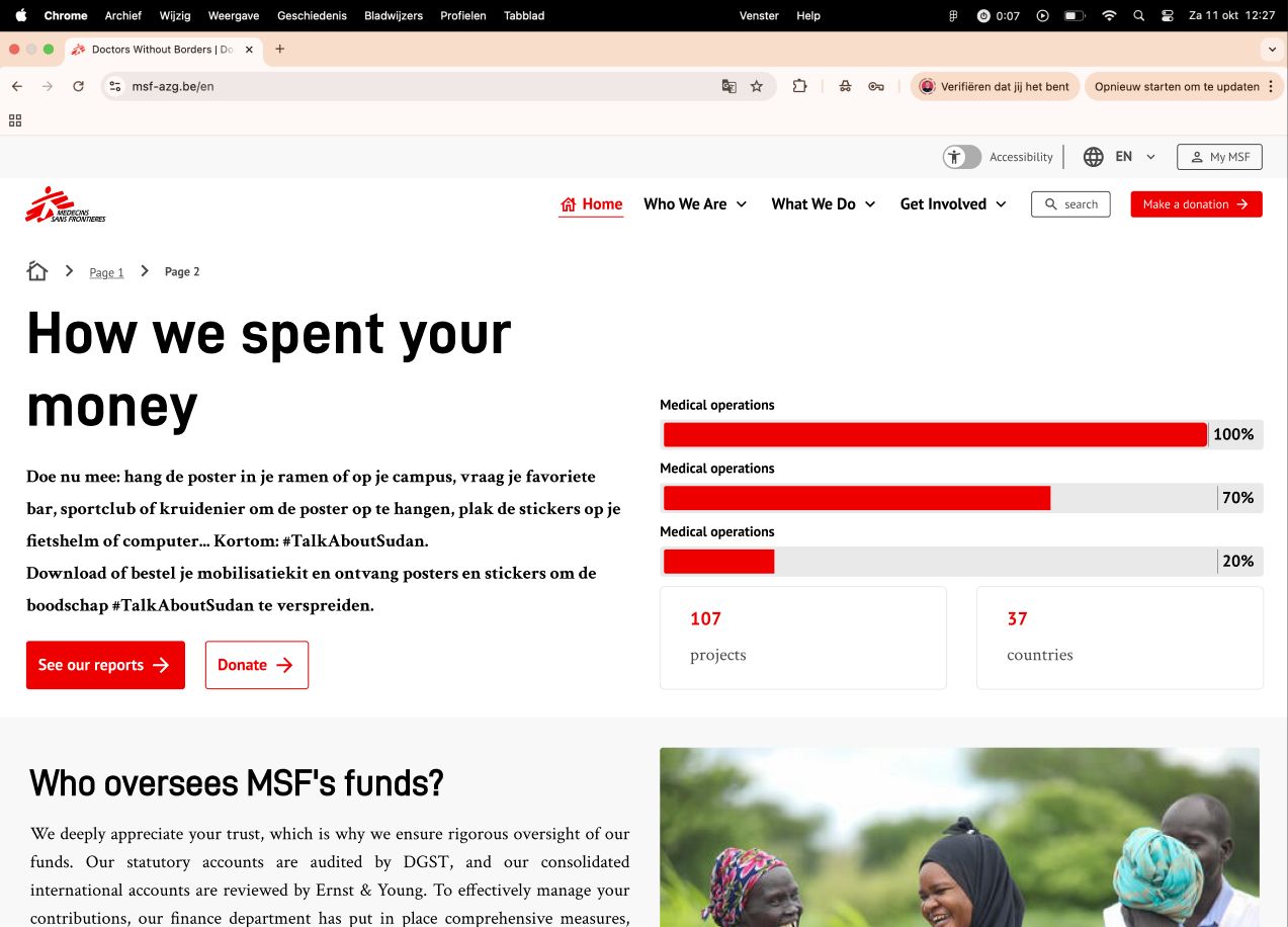 Static page template How we spent your money: a short text with two buttons, See our reports and Donate, next to bar charts and two key figures, 107 projects and 37 countries, with breadcrumbs above.