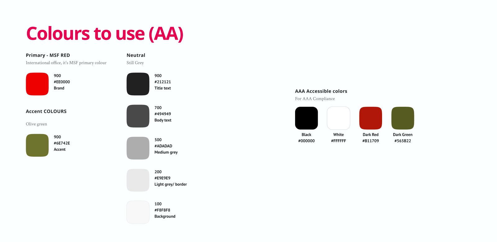 Colours to use (AA): MSF red #EE0000 as brand colour, greys from #212121 for titles to #F8F8F8 for backgrounds, olive green #6E742E as accent, and an AAA set: black, white, dark red #B11709 and dark green #565B22.