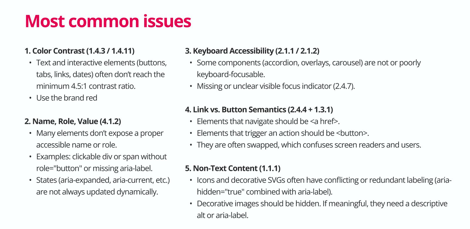 Summary of the five most common issues: colour contrast, name role and value, keyboard accessibility, link versus button semantics, and non-text content.