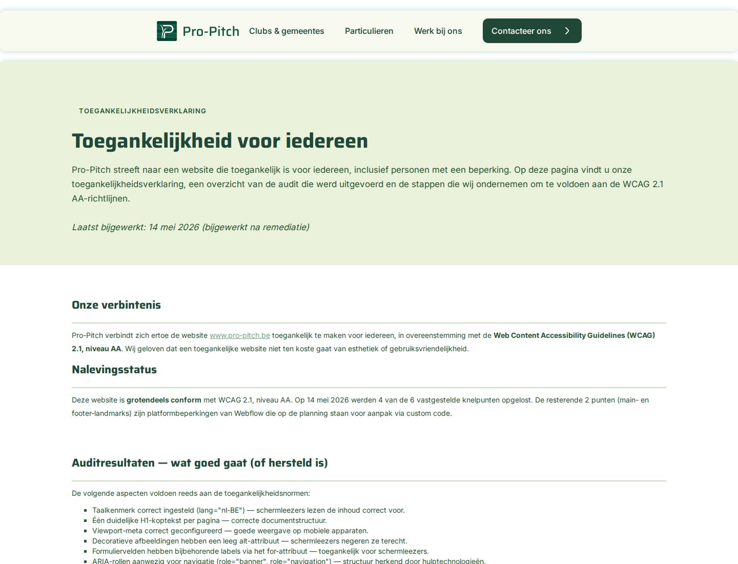 The accessibility statement page of Pro-Pitch: the commitment to WCAG 2.1 AA, the compliance status, and a list of what works or was fixed.