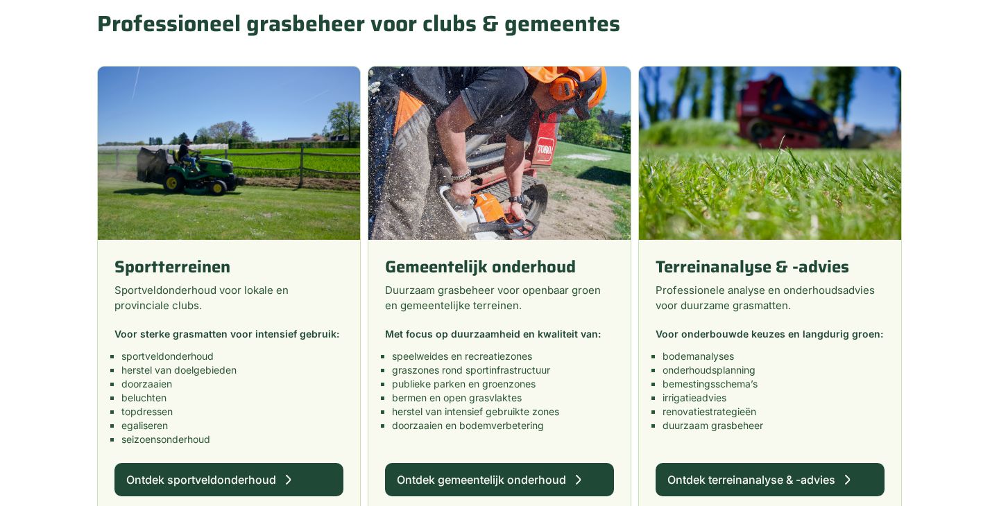 Three service cards for clubs and municipalities: sports fields, municipal maintenance, and field analysis and advice, each with a photo, a short text, a list of what is included and a button.
